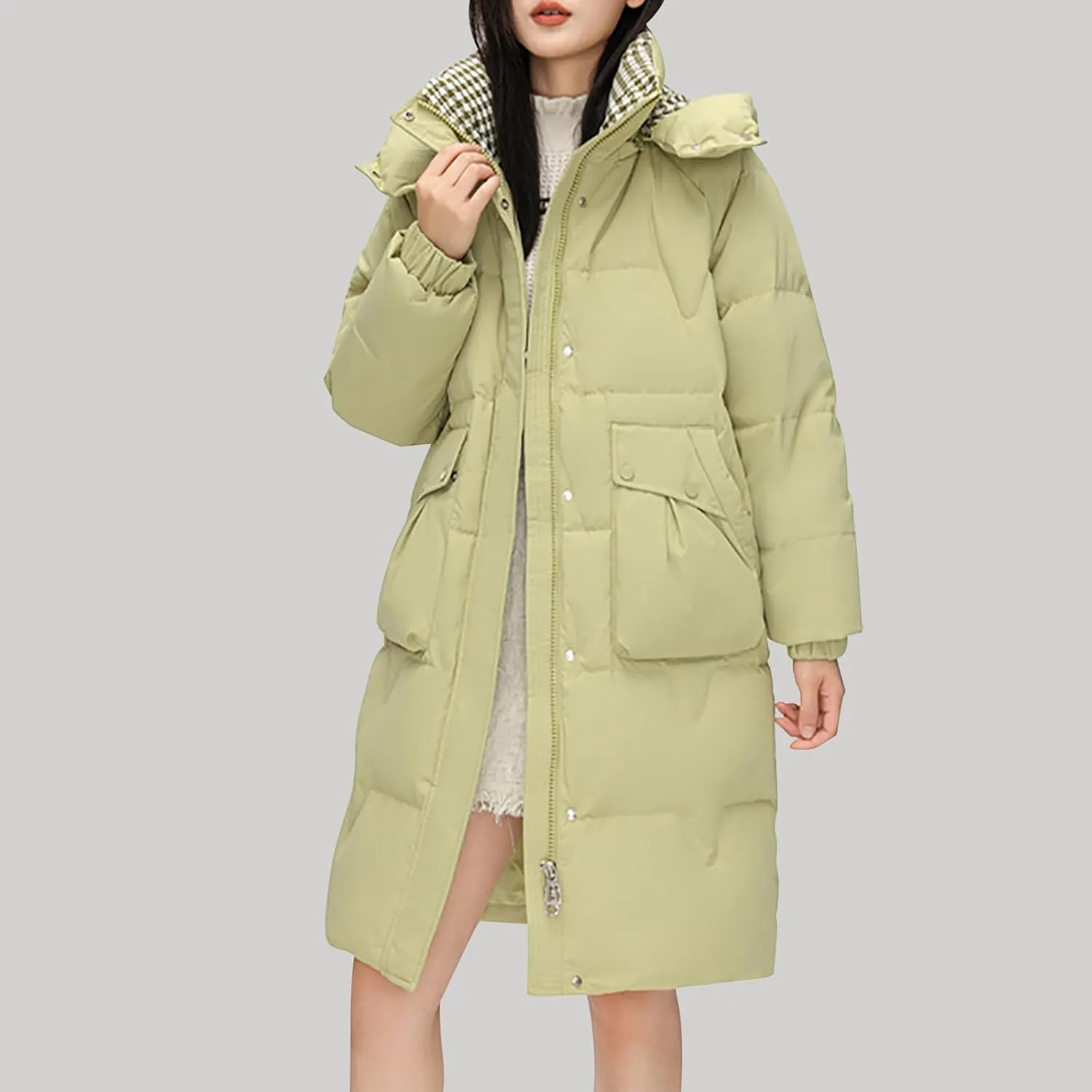 Womens Quilted Hooded Down Jacket Midium Length Plus Size Lightweight Puffer Coat Winter Warm Outfit with Pockets