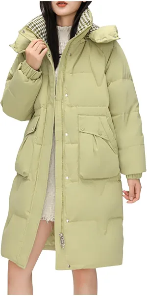 Womens Quilted Hooded Down Jacket Midium Length Plus Size Lightweight Puffer Coat Winter Warm Outfit with Pockets