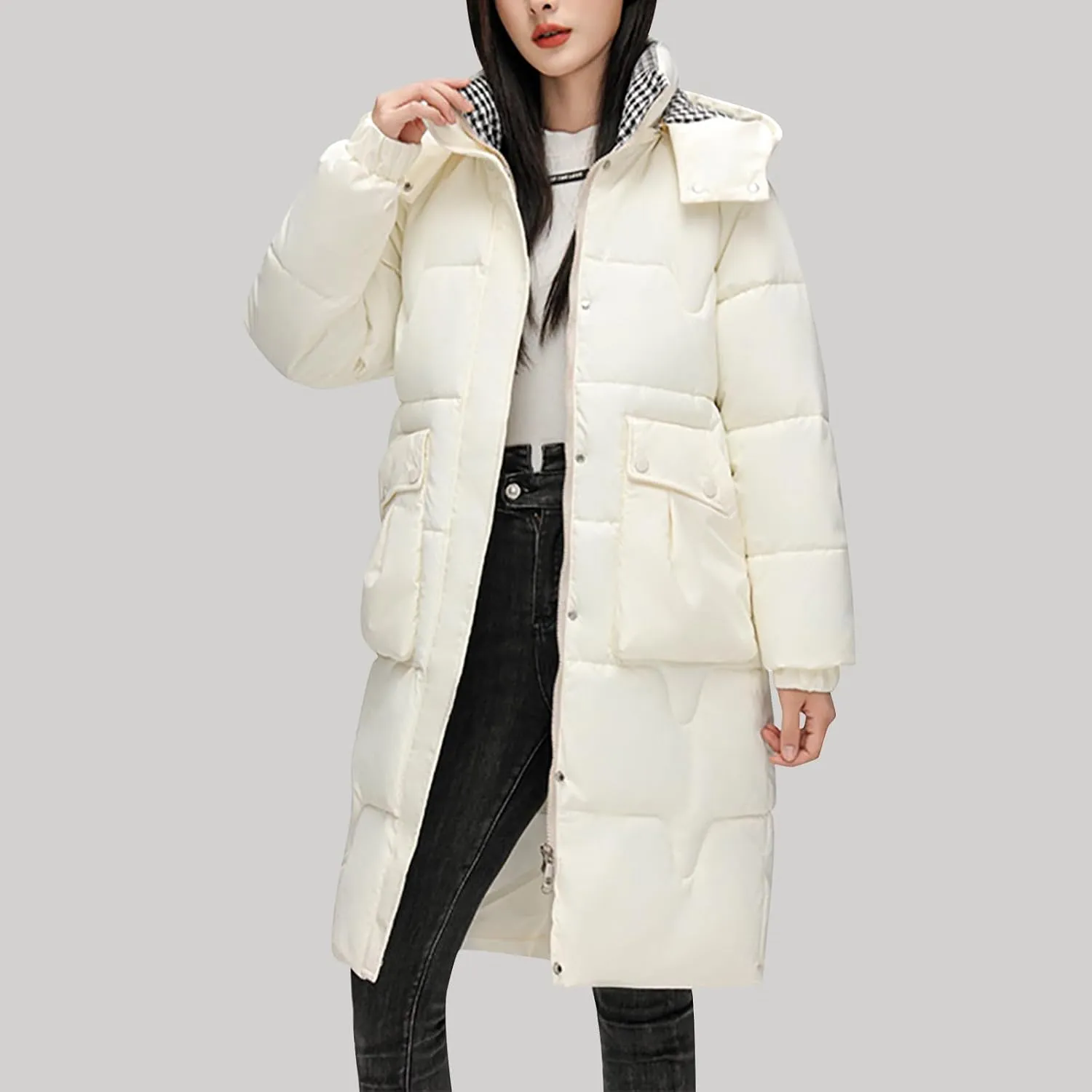 Womens Quilted Hooded Down Jacket Midium Length Plus Size Lightweight Puffer Coat Winter Warm Outfit with Pockets