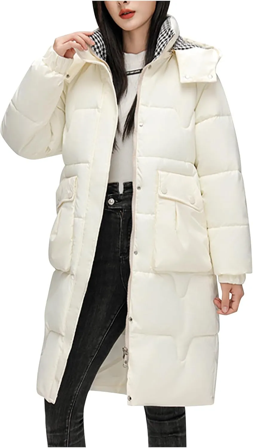 Womens Quilted Hooded Down Jacket Midium Length Plus Size Lightweight Puffer Coat Winter Warm Outfit with Pockets