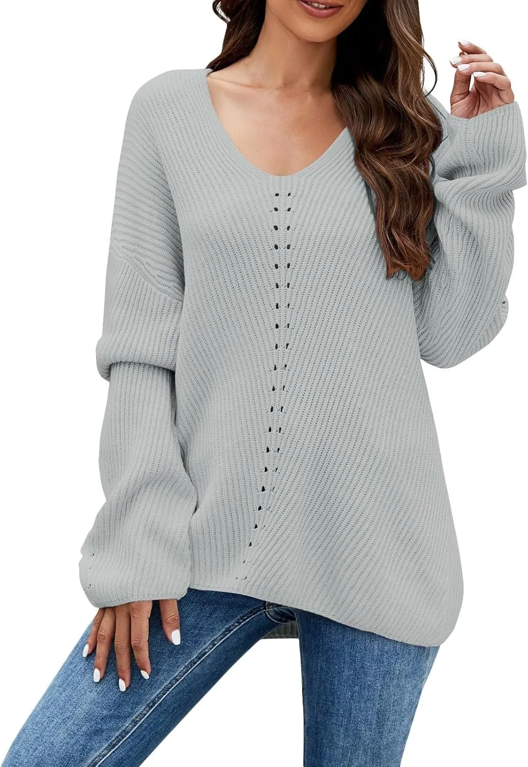 Womens Ribbed Knit Sweaters 2024 Oversized Fall Long Spilt Hem Tunic Pullover Tops Crew Neck Striped Jumper Tops