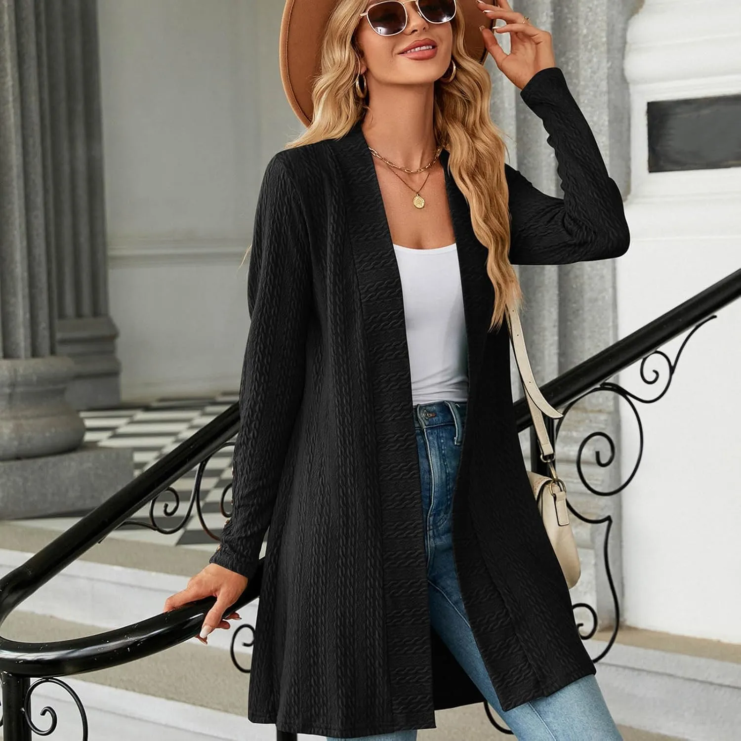 Women's Ribbed Knitted Open Front Cardigan Sweaters Long Sleeve Lightweight Sweater Coat Winter Soft Comfy Sweater