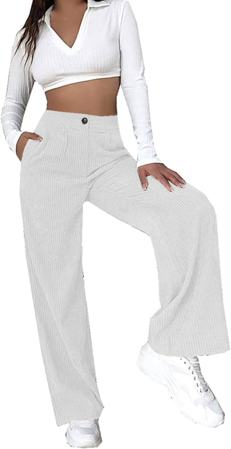 Womens Ribbed Velvet Casual Pants Stretchy Straight Leg Trousers Lounge Long Full Length Stretchy Slacks with Pockets