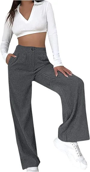 Womens Ribbed Velvet Casual Pants Stretchy Straight Leg Trousers Lounge Long Full Length Stretchy Slacks with Pockets