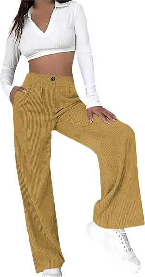 Womens Ribbed Velvet Casual Pants Stretchy Straight Leg Trousers Lounge Long Full Length Stretchy Slacks with Pockets