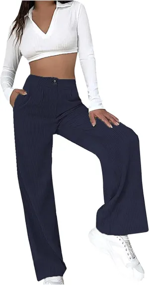Womens Ribbed Velvet Casual Pants Stretchy Straight Leg Trousers Lounge Long Full Length Stretchy Slacks with Pockets