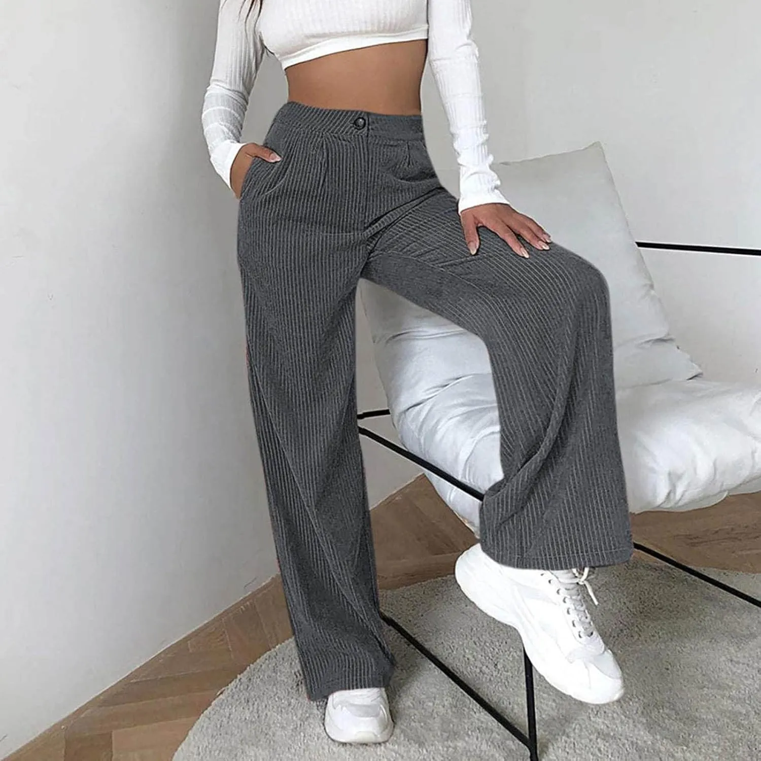 Womens Ribbed Velvet Casual Pants Stretchy Straight Leg Trousers Lounge Long Full Length Stretchy Slacks with Pockets