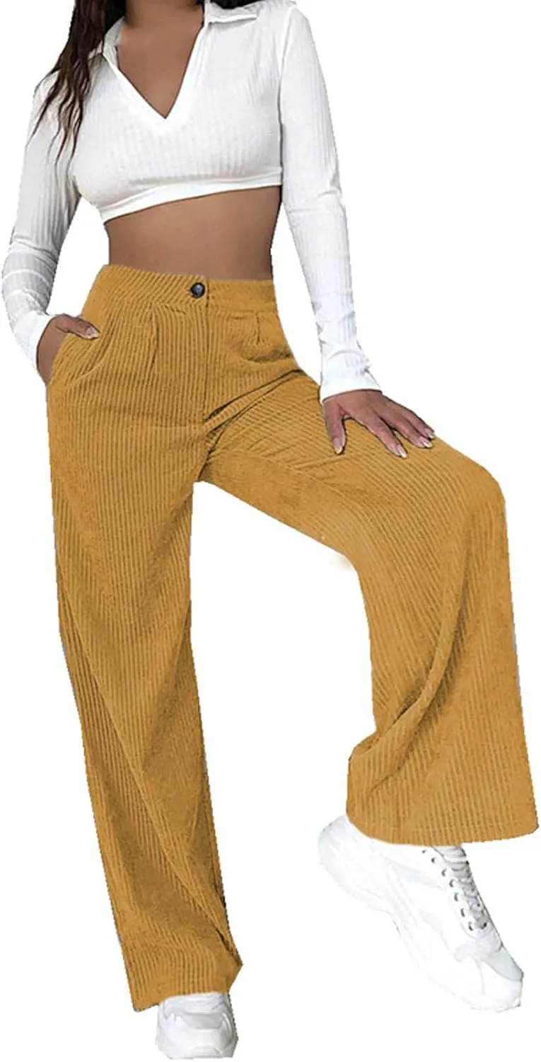 Womens Ribbed Velvet Casual Pants Stretchy Straight Leg Trousers Lounge Long Full Length Stretchy Slacks with Pockets