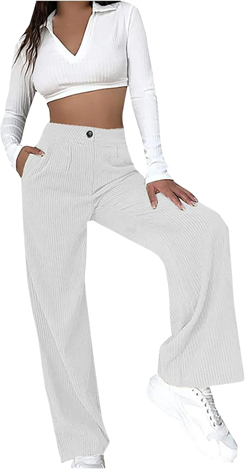 Womens Ribbed Velvet Casual Pants Stretchy Straight Leg Trousers Lounge Long Full Length Stretchy Slacks with Pockets