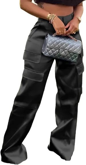 Women's Satin Cargo Wide Leg Pants Silky Dressy Relaxed Casual Pocketed Long Trouser