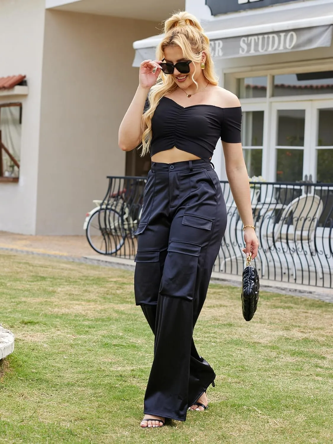 Women's Satin Cargo Wide Leg Pants Silky Dressy Relaxed Casual Pocketed Long Trouser