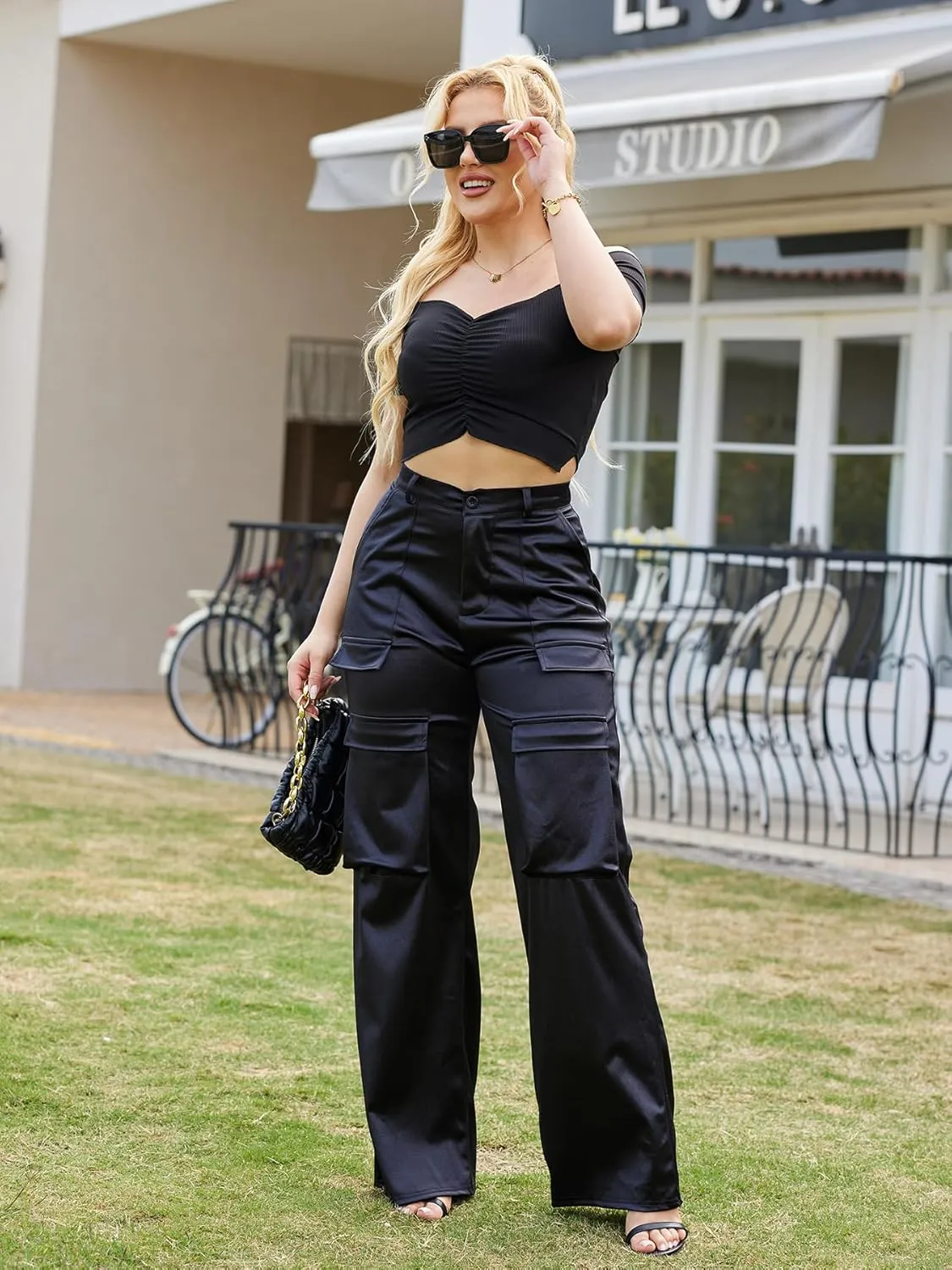 Women's Satin Cargo Wide Leg Pants Silky Dressy Relaxed Casual Pocketed Long Trouser