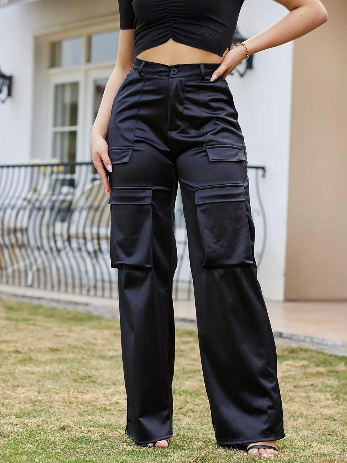 Women's Satin Cargo Wide Leg Pants Silky Dressy Relaxed Casual Pocketed Long Trouser