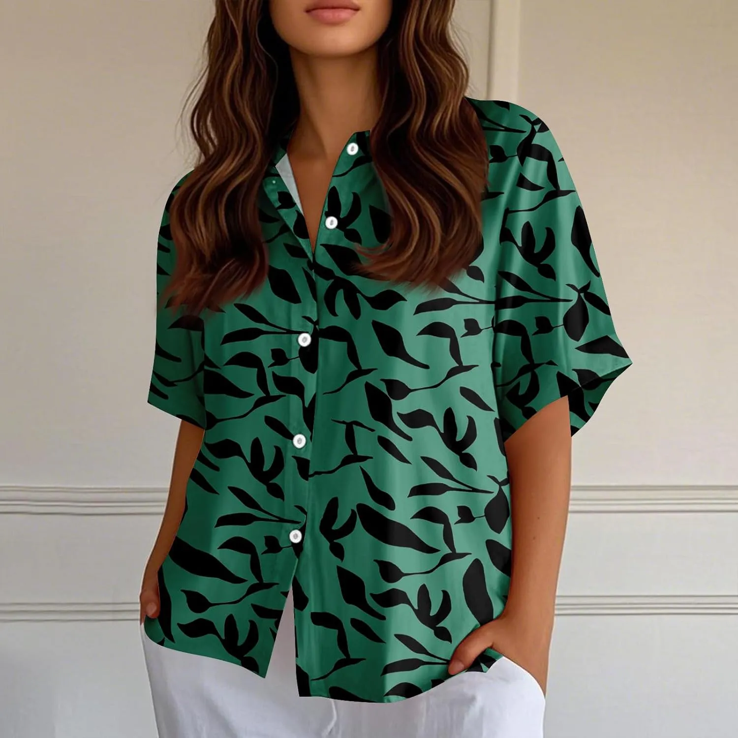 Womens Shirts Short Sleeve Trendy Button Down Blouse Summer Casual Linen Cute Shirts Floral Print V Neck Tops Collared