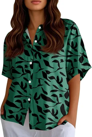 Womens Shirts Short Sleeve Trendy Button Down Blouse Summer Casual Linen Cute Shirts Floral Print V Neck Tops Collared