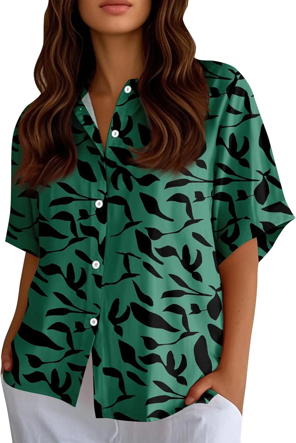 Womens Shirts Short Sleeve Trendy Button Down Blouse Summer Casual Linen Cute Shirts Floral Print V Neck Tops Collared