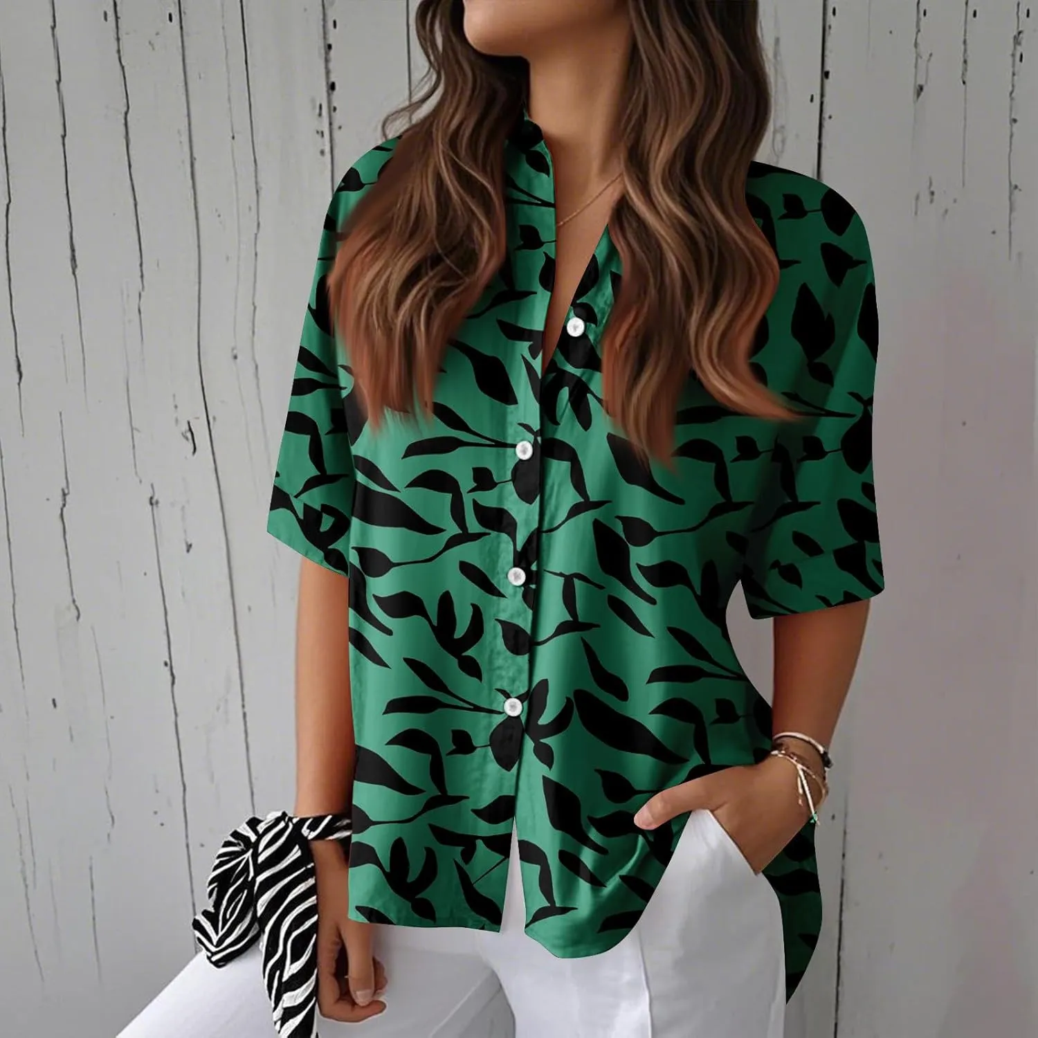 Womens Shirts Short Sleeve Trendy Button Down Blouse Summer Casual Linen Cute Shirts Floral Print V Neck Tops Collared