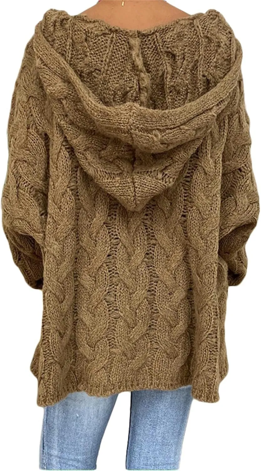 Womens Solid Color Sweaters Chunky Cable Knit Pullover Hooded Sweater Long Sleeve Loose Fit Tops