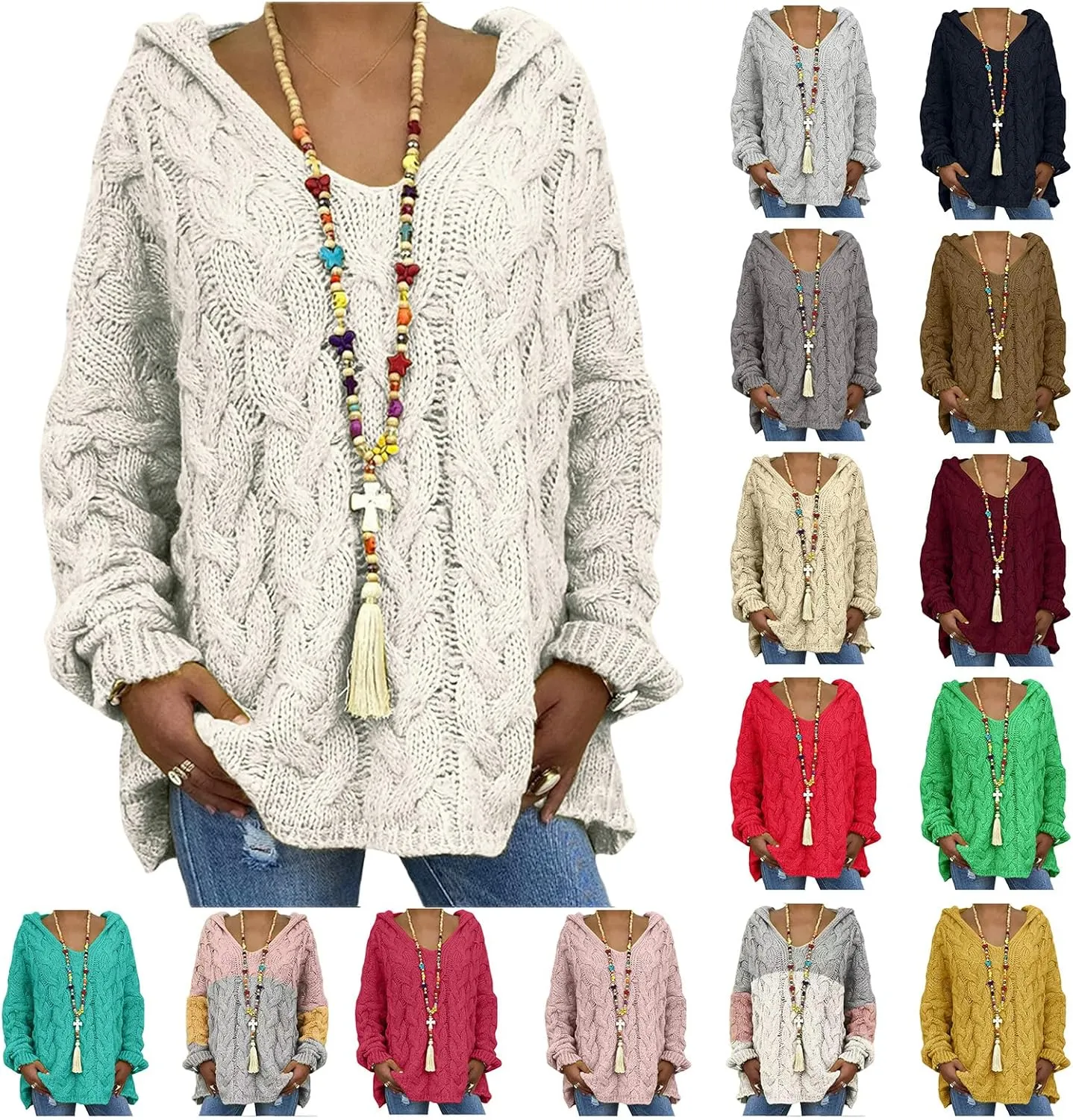 Womens Solid Color Sweaters Chunky Cable Knit Pullover Hooded Sweater Long Sleeve Loose Fit Tops