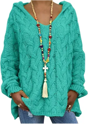 Womens Solid Color Sweaters Chunky Cable Knit Pullover Hooded Sweater Long Sleeve Loose Fit Tops