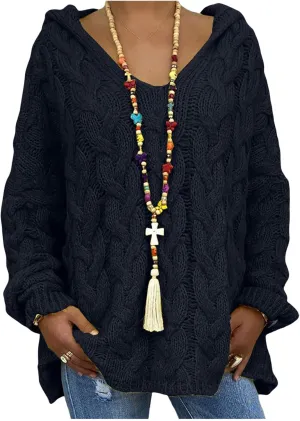 Womens Solid Color Sweaters Chunky Cable Knit Pullover Hooded Sweater Long Sleeve Loose Fit Tops