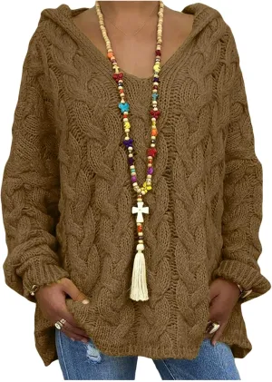 Womens Solid Color Sweaters Chunky Cable Knit Pullover Hooded Sweater Long Sleeve Loose Fit Tops