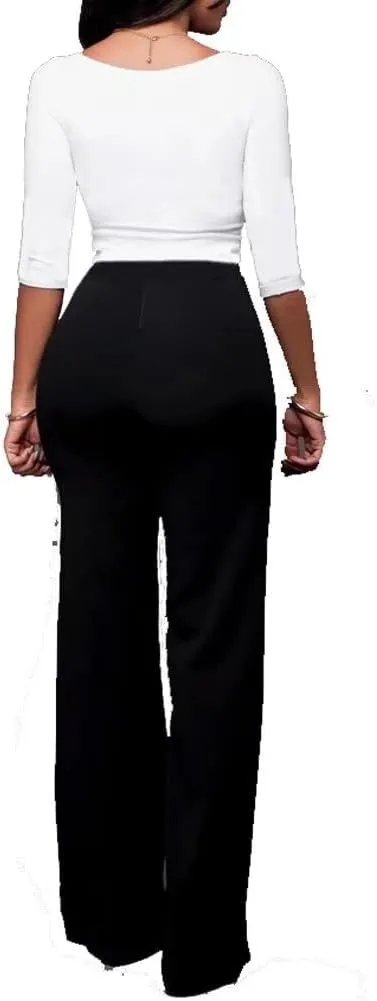 Women's Stretchy High Waisted Wide Leg Button-Down Pants Sailor Bell Flare Pants