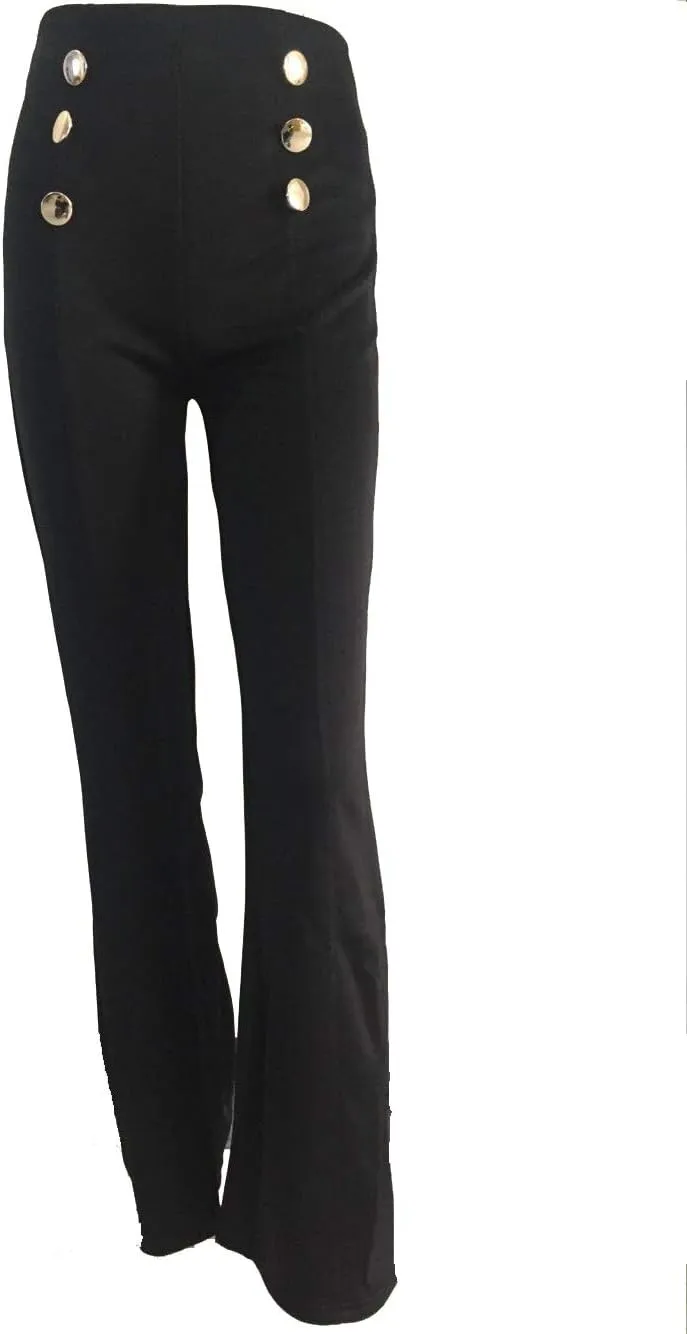 Women's Stretchy High Waisted Wide Leg Button-Down Pants Sailor Bell Flare Pants