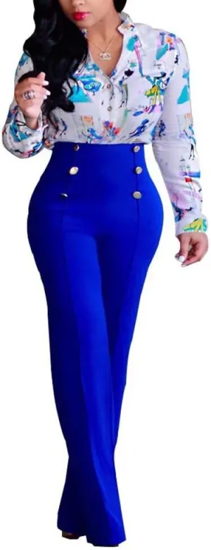 Women's Stretchy High Waisted Wide Leg Button-Down Pants Sailor Bell Flare Pants