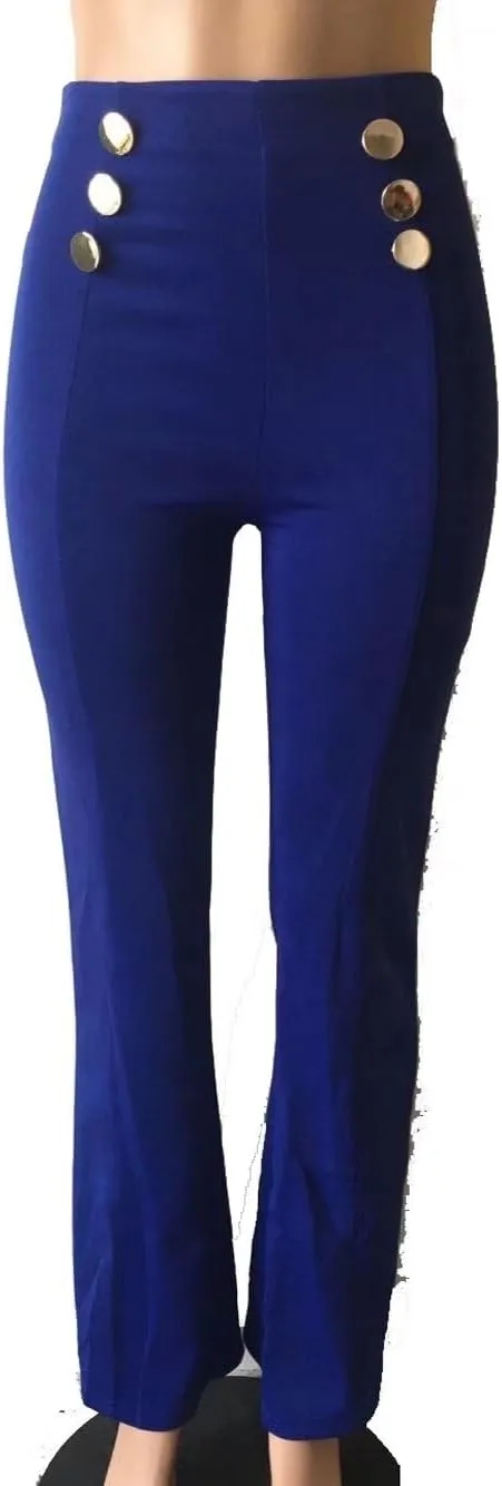 Women's Stretchy High Waisted Wide Leg Button-Down Pants Sailor Bell Flare Pants