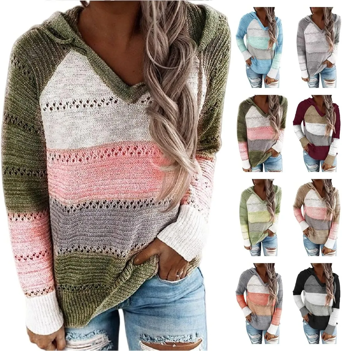 Womens Striped Color Block Sweater Casual Drawstring Hoodies Fashion V Neck Knit Sweater Pullovers