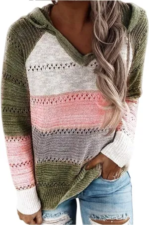 Womens Striped Color Block Sweater Casual Drawstring Hoodies Fashion V Neck Knit Sweater Pullovers