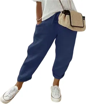 Womens Summer Casual Linen Pants Elastic Waist Relaxed Fit Straight Leg Pants Beach Trousers with Pockets for Women