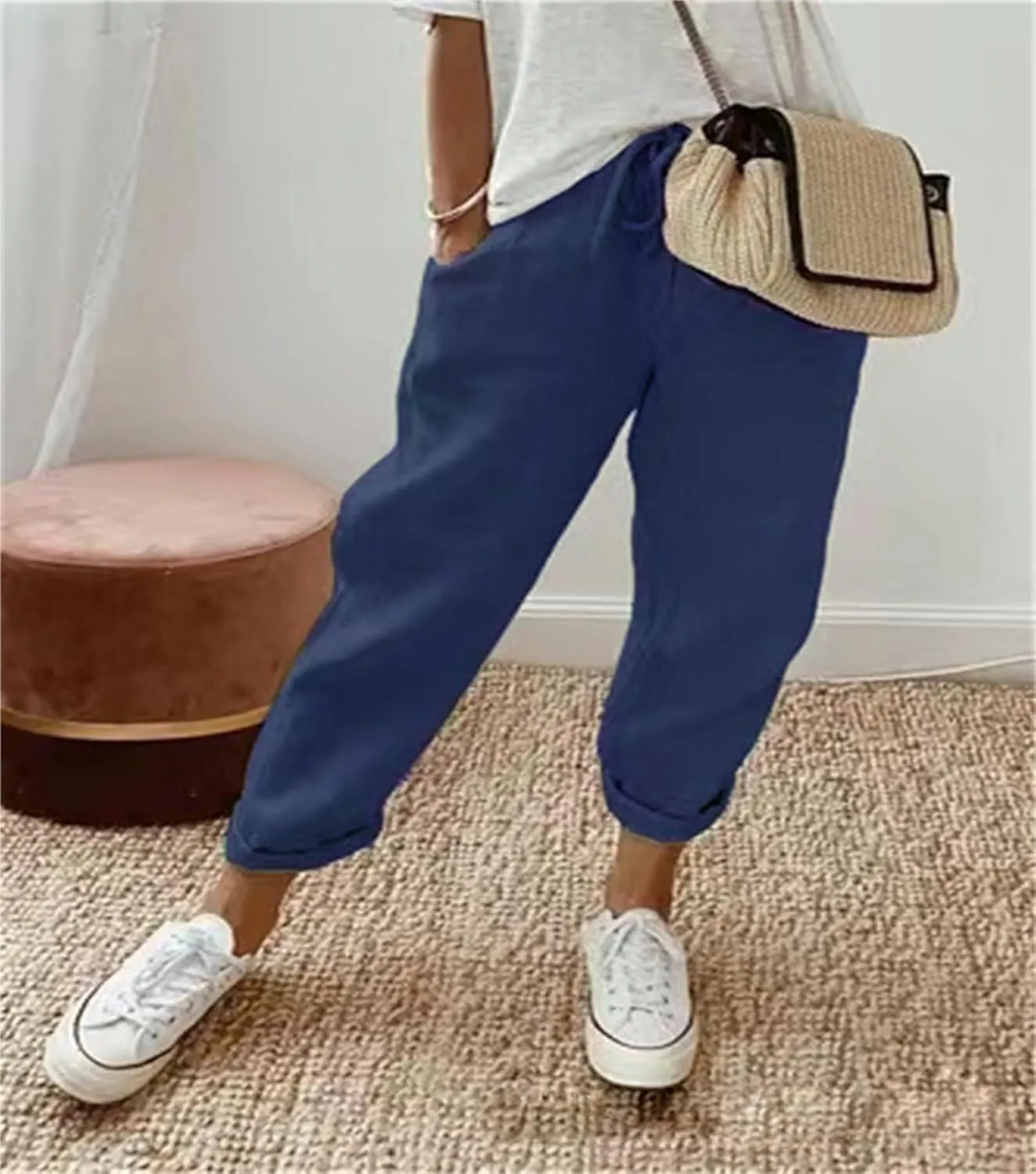 Womens Summer Casual Linen Pants Elastic Waist Relaxed Fit Straight Leg Pants Beach Trousers with Pockets for Women