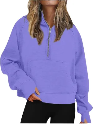Womens Sweatshirt Half Zip Cropped Hoodie Pullover Fleece Quarter Zipper Sweatshirts 2025 Fashion Clothes Thumb Hole