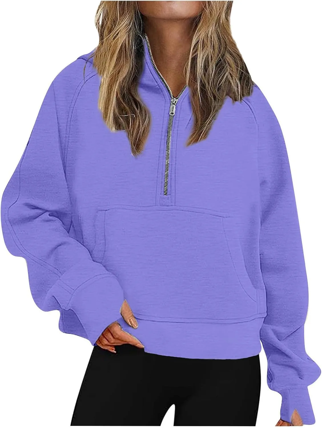 Womens Sweatshirt Half Zip Cropped Hoodie Pullover Fleece Quarter Zipper Sweatshirts 2025 Fashion Clothes Thumb Hole