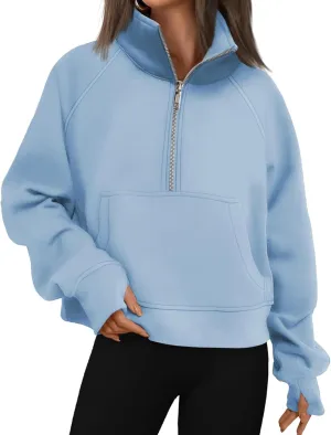Womens Sweatshirt Half Zip Cropped Hoodie Pullover Fleece Quarter Zipper Sweatshirts 2025 Fashion Clothes Thumb Hole