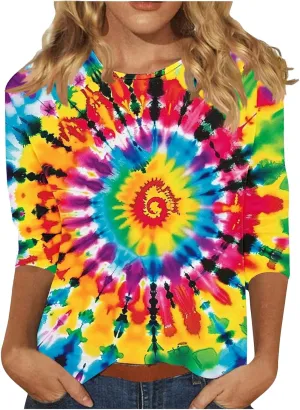 Womens Tops 3/4 Sleeve Loose Fit Tie Dye Hippie Shirts 70s Tshirts Crew Neck Cute Tees 2025 Spring Summer Cute Tees