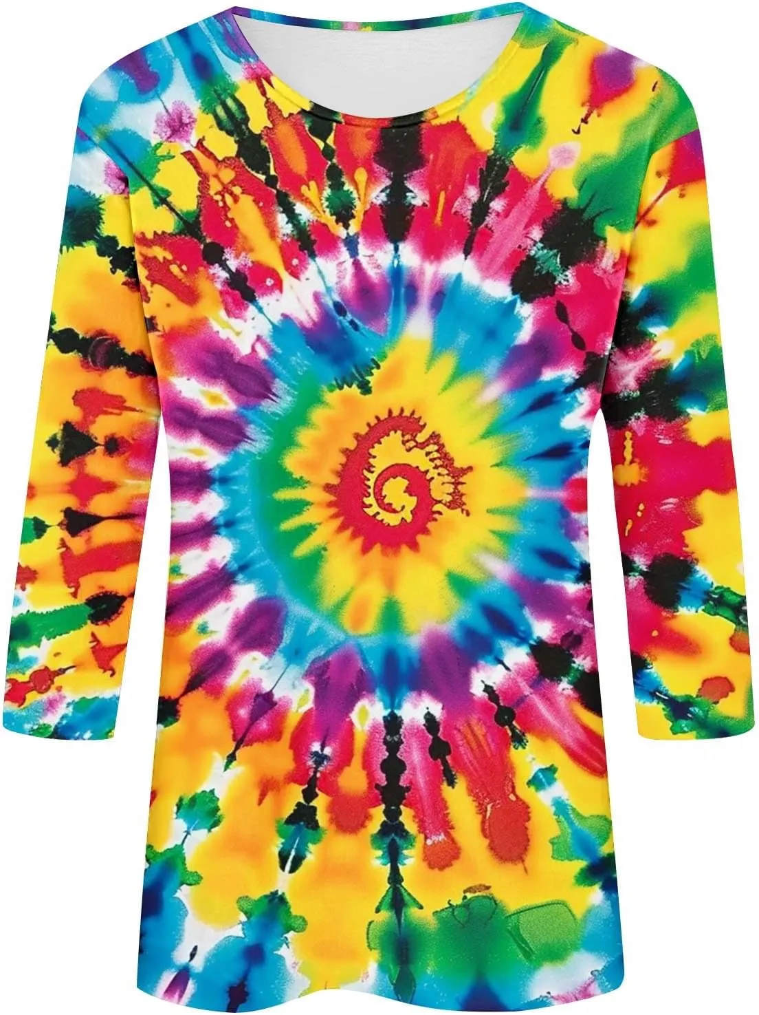 Womens Tops 3/4 Sleeve Loose Fit Tie Dye Hippie Shirts 70s Tshirts Crew Neck Cute Tees 2025 Spring Summer Cute Tees
