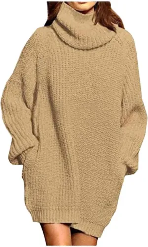 Womens Turtleneck Drop Shoulder Sweaters Chunky Knit Long Sleeve Oversized Sweater Dress