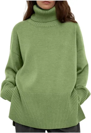 Womens Turtleneck Oversized Sweater 2024 Winter Long Sleeve Spilt Hem Pullover Casual Trendy Solid Color Knit Tops