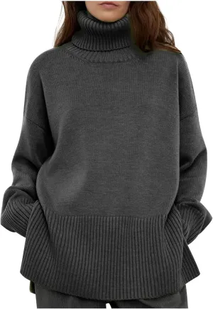 Womens Turtleneck Oversized Sweater 2024 Winter Long Sleeve Spilt Hem Pullover Casual Trendy Solid Color Knit Tops