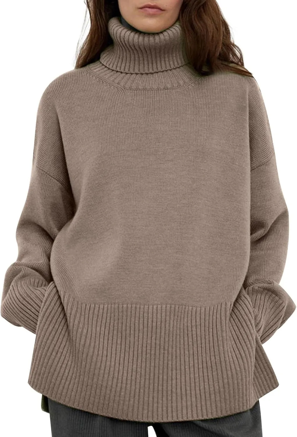 Womens Turtleneck Oversized Sweater 2024 Winter Long Sleeve Spilt Hem Pullover Casual Trendy Solid Color Knit Tops