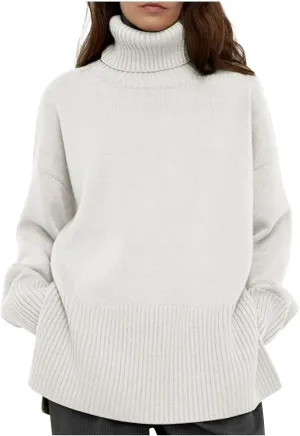 Womens Turtleneck Oversized Sweater 2024 Winter Long Sleeve Spilt Hem Pullover Casual Trendy Solid Color Knit Tops