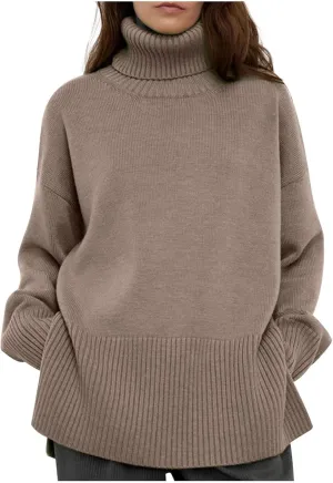 Womens Turtleneck Oversized Sweater 2024 Winter Long Sleeve Spilt Hem Pullover Casual Trendy Solid Color Knit Tops