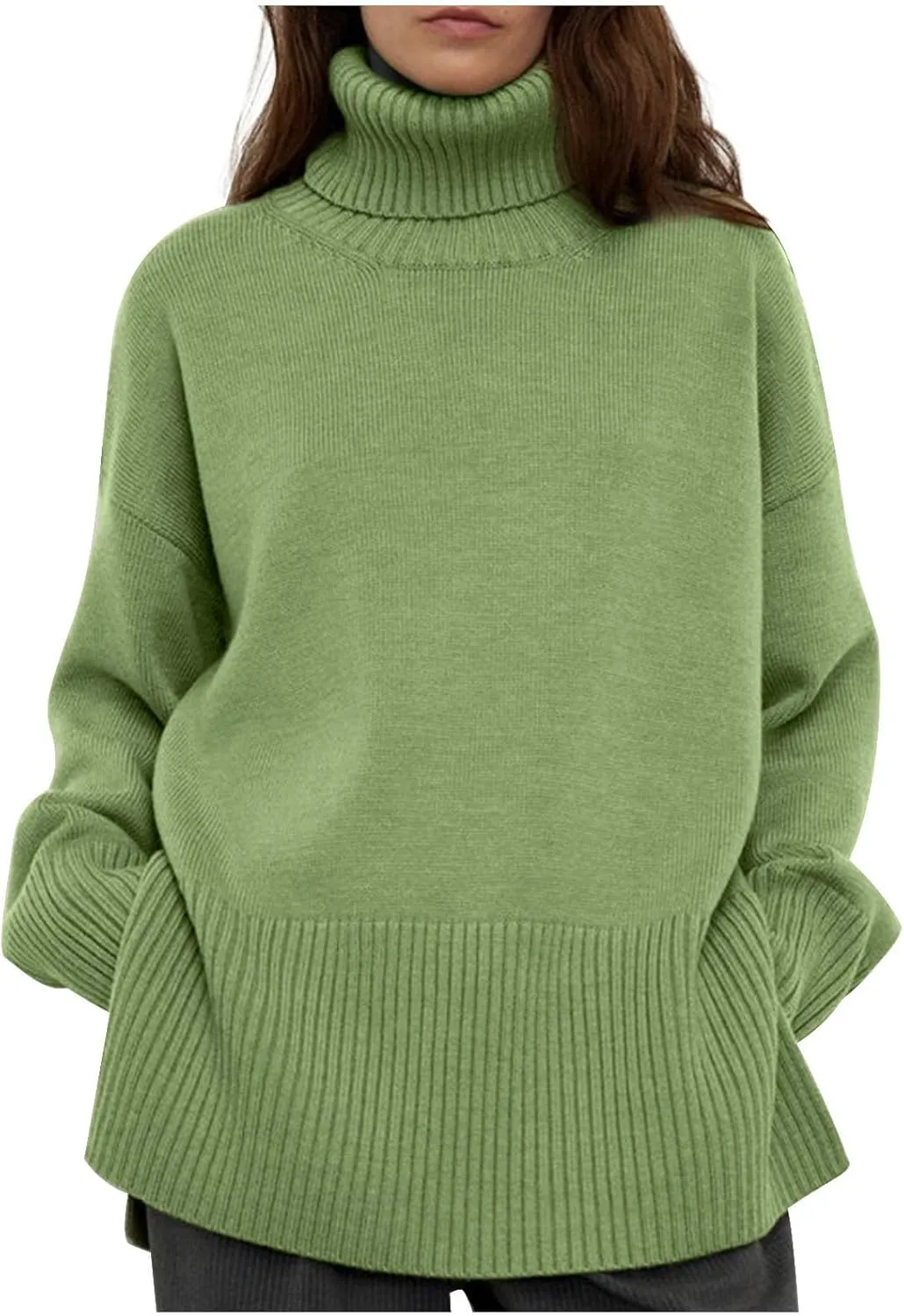 Womens Turtleneck Oversized Sweater 2024 Winter Long Sleeve Spilt Hem Pullover Casual Trendy Solid Color Knit Tops