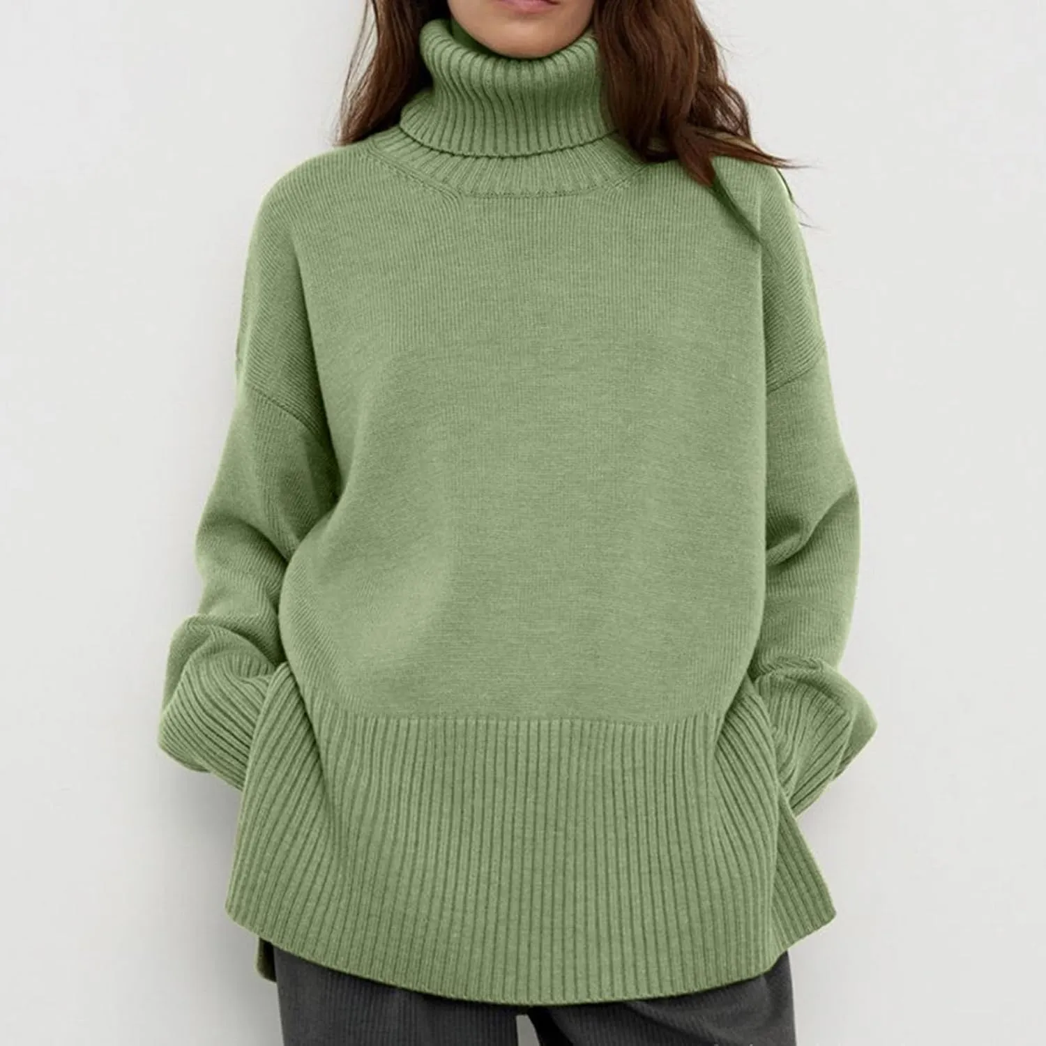 Womens Turtleneck Oversized Sweater 2024 Winter Long Sleeve Spilt Hem Pullover Casual Trendy Solid Color Knit Tops