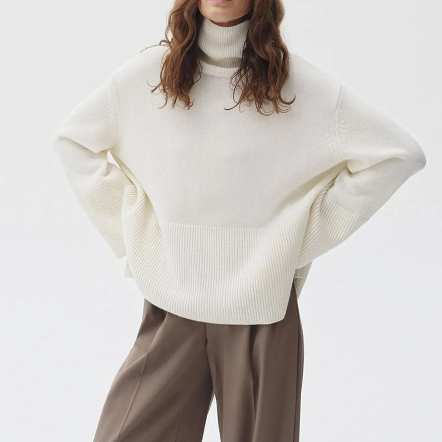 Womens Turtleneck Oversized Sweater 2024 Winter Long Sleeve Spilt Hem Pullover Casual Trendy Solid Color Knit Tops