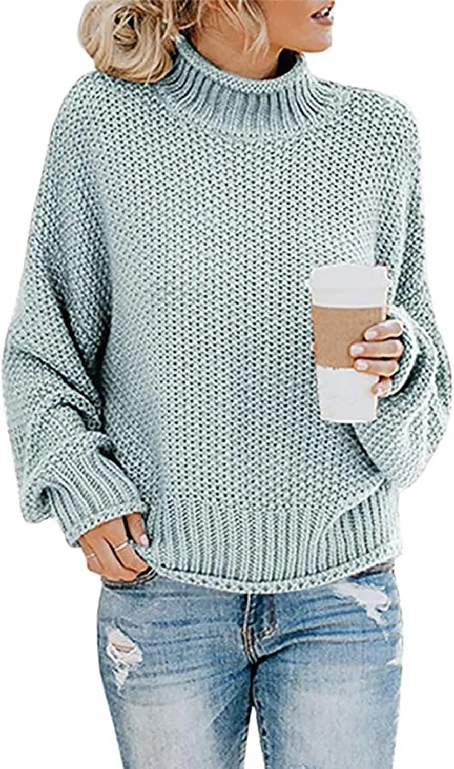 Womens Turtleneck Oversized Sweaters Batwing Long Sleeve Pullover Loose Chunky Knit Jumper Pullover