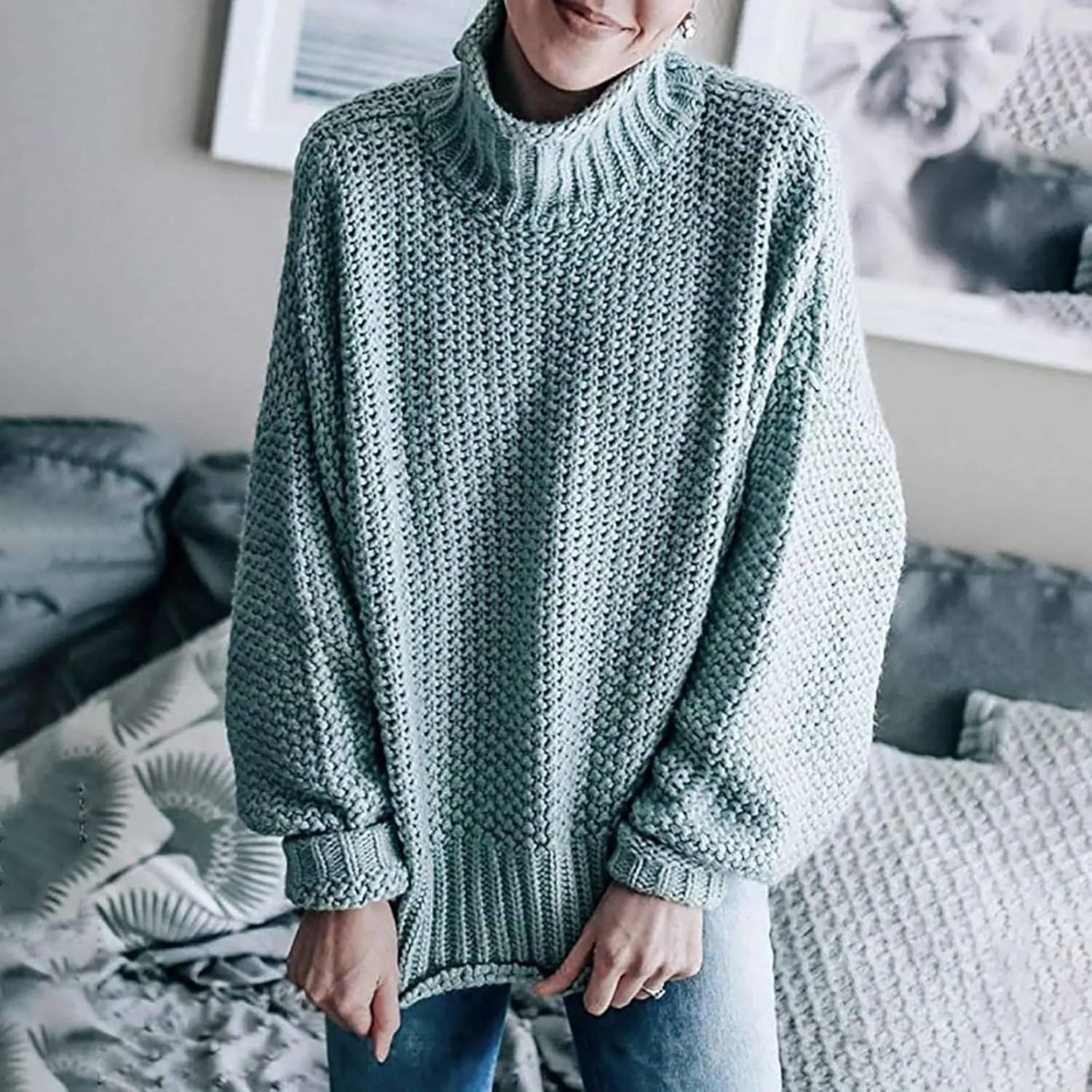 Womens Turtleneck Oversized Sweaters Batwing Long Sleeve Pullover Loose Chunky Knit Jumper Pullover